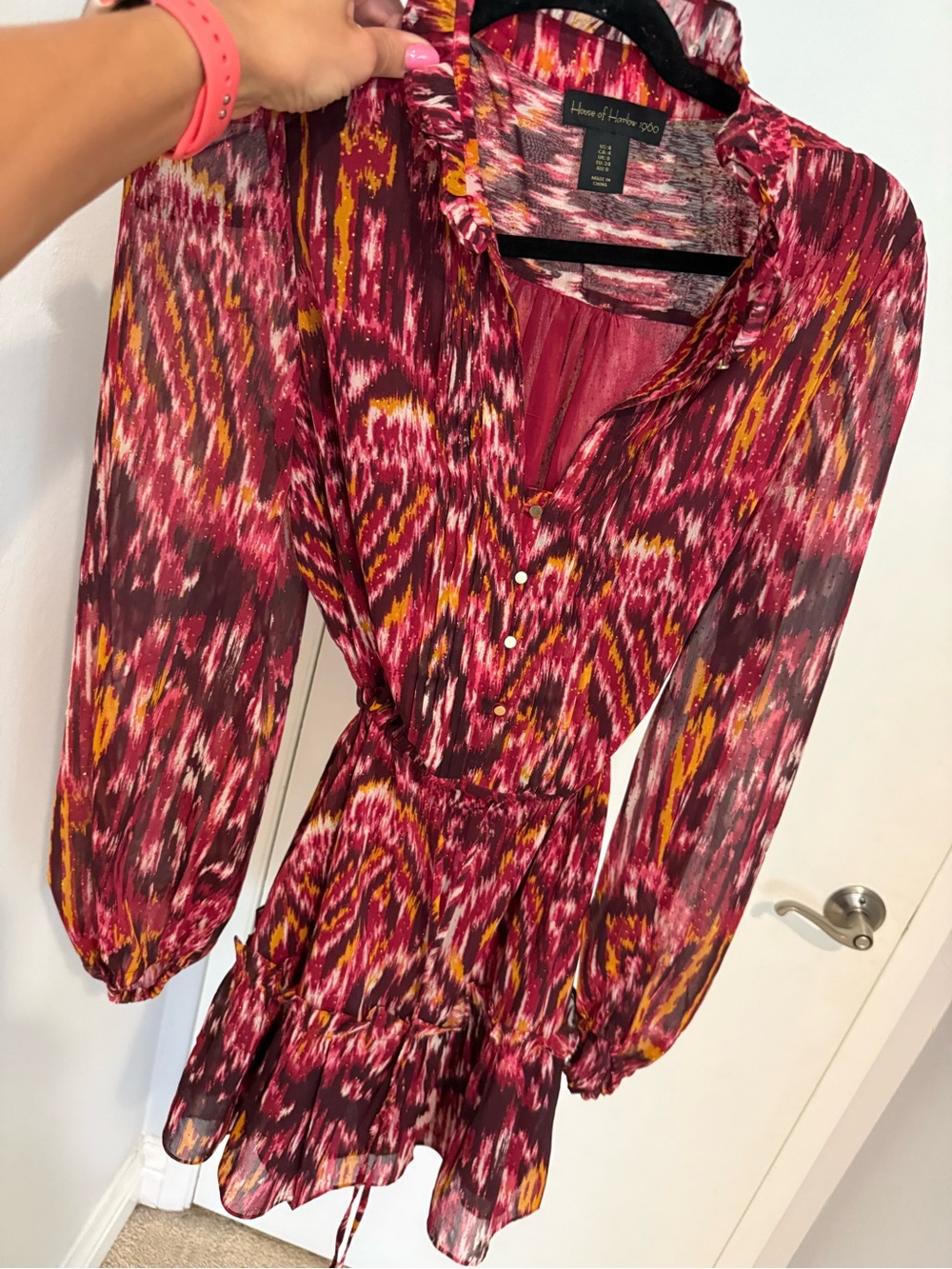 House of Harlow 1960 Magenta metallic  Print Long Sleeve Tie-Waist Dress